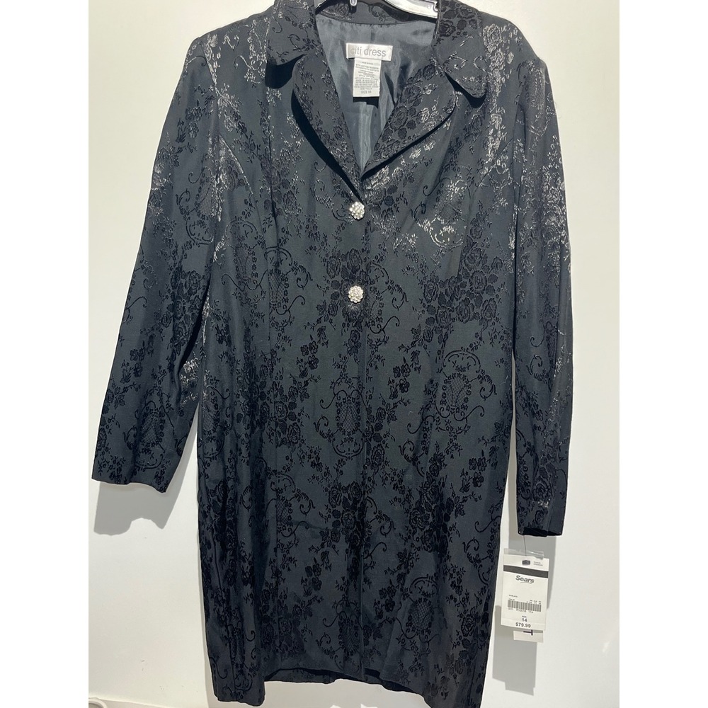 Citi Dress Womens Black Floral Brocade Longline Blazer Jacket Rhinestone Size 14